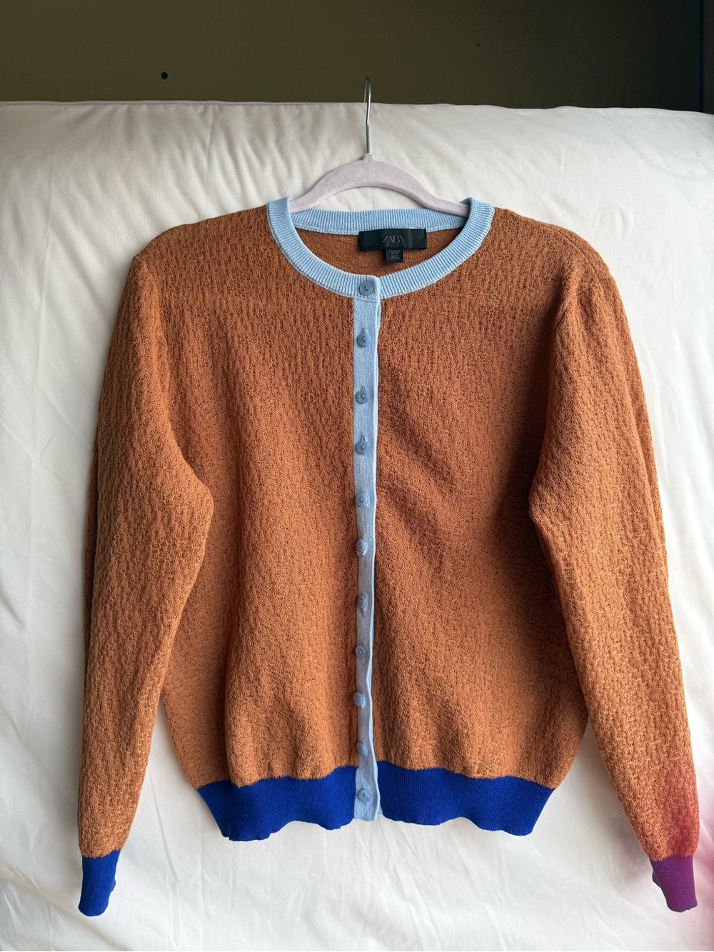 Zara Orange Cardigan with Light Blue Trim and Royal Blue Hem